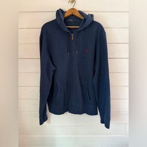 POLO Ralph Lauren Full Zip Hoodie Ribbed Sweatshirt Jacket Men Sz XL Navy Blue